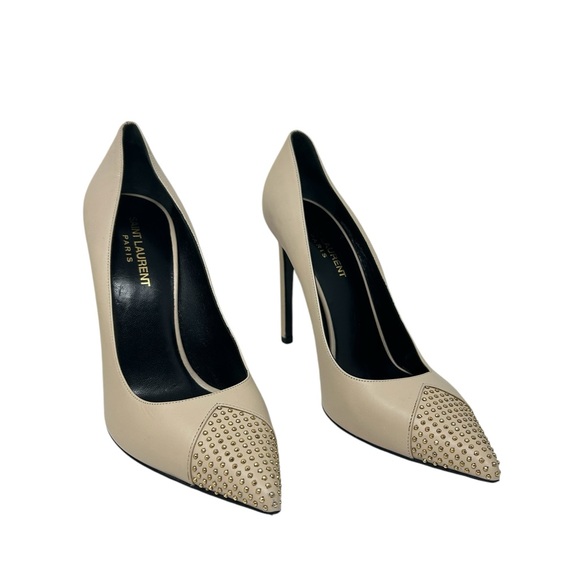 Saint Laurent Paris Beige Leather Gold Studded Cap Toe High Heel Stiletto Pumps - Picture 10 of 10